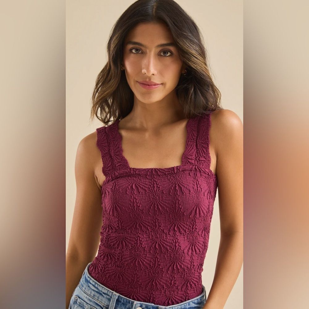 ALTAR’D STATE Blaire Wine Maroon Seamless Floral Square Neck Wide Strap Cami